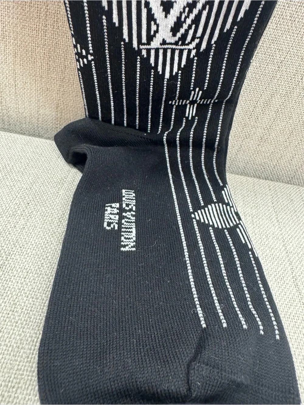 Louis Vuitton Black Crew Socks with White Monogram Stripe